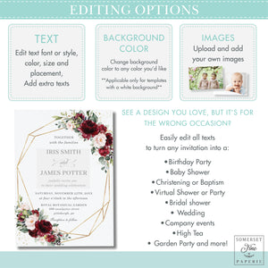 Chic Burgundy Blush Pink Floral Geometric Bridal Shower Invitation - Editable Template - Digital Printable File - Instant Download - RB1