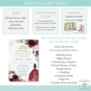 Turquoise Blue Green Floral Princess Quinceañera Invitation Mis Quince 15 Anos Birthday Invite Diy Editable Template, Digital Printable File, QC10