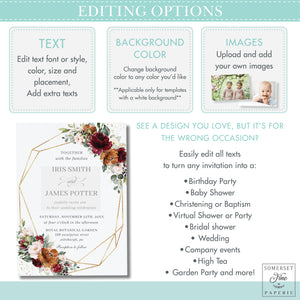 Rustic Burgundy Burnt Orange Blush Floral Bridal Shower Invitation - Editable Template - Digital Printable File - Instant Download - RB3