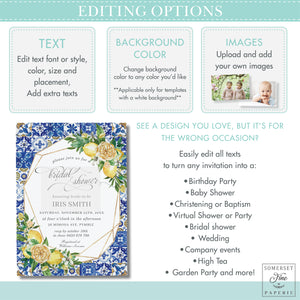 Chic Lemon Mediterranean Floral Mosaic Tiles Bridal Shower Invitation - Editable Template -  Digital Printable File - Instant Download - LM1