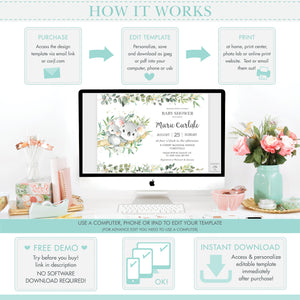 Twin Girls Koala Pink Floral Greenery Baby Shower Invitation Editable Template - Instant Download - Digital Printable File - AU1