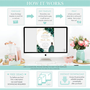 Emerald Green Blush Floral Quinceañera Invitation Printable INSTANT DOWNLOAD, Mis Quince 15 Anos Birthday Invite DIY Editable Template, QC20