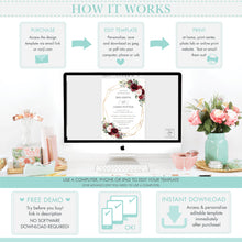 Load image into Gallery viewer, Chic Burgundy Blush Pink Floral Place Card - Wedding Editable Template - Instant Download - RB1
