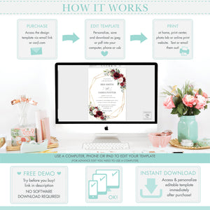 Chic Burgundy Blush Pink Floral Place Card - Wedding Editable Template - Instant Download - RB1