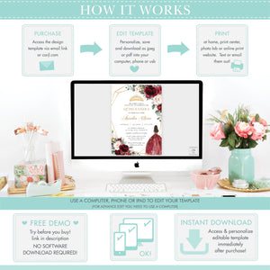 Burgundy Blush Floral Quinceañera 15 Anos Mis Quince Welcome Sign, EDITABLE TEMPLATE, Instant Download Digital Printable File QC1