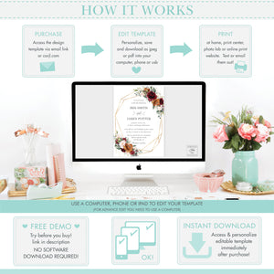 Burgundy Burnt Orange Blush Floral Wedding Welcome Sign Editable Template - Digital Printable File - Instant Download - RB3