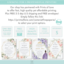 Load image into Gallery viewer, Purple Lilac Pale Pink Silver Quinceañera XV Birthday Slim Program Order of Events Padrinos Editable Template Digital Instant Download QC58
