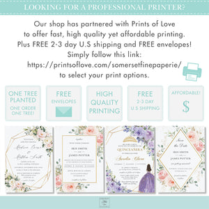 Princess Tiara Purple Lilac Lavender Floral Quinceanera 15th Birthday Invitation Editable Template - Digital Printable File - Instant Download - QC3