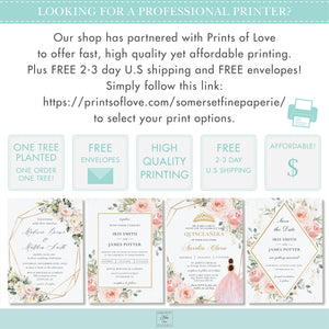 Blush Pink Floral Princess Quinceañera Invitation Mis Quince 15 Anos Birthday Invite Diy Editable Template, Digital Printable File, QC7