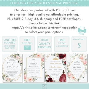 Burgundy Blush Floral Quinceañera Invitation Mis Quince 15 Anos Birthday Invite Diy Editable Template, Digital Printable File, QC1