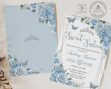 Load image into Gallery viewer, Sweet Sixteen 16th Birthday Silver Modern Geometric Baby Blue Floral Butterflies Crown Tiara Invitation EDITABLE TEMPLATE Digital Printable File QC18
