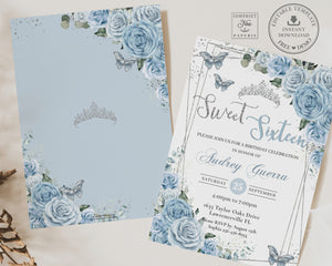 Sweet Sixteen 16th Birthday Silver Modern Geometric Baby Blue Floral Butterflies Crown Tiara Invitation EDITABLE TEMPLATE Digital Printable File QC18