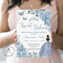 Load image into Gallery viewer, Sweet Sixteen 16th Birthday Silver Baby Blue Floral Butterflies Princess Invitation EDITABLE TEMPLATE Digital Printable File QC18
