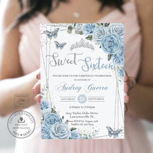 Load image into Gallery viewer, Sweet Sixteen 16th Birthday Silver Modern Geometric Baby Blue Floral Butterflies Crown Tiara Invitation EDITABLE TEMPLATE Digital Printable File QC18
