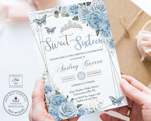 Sweet Sixteen 16th Birthday Silver Modern Geometric Baby Blue Floral Butterflies Crown Tiara Invitation EDITABLE TEMPLATE Digital Printable File QC18
