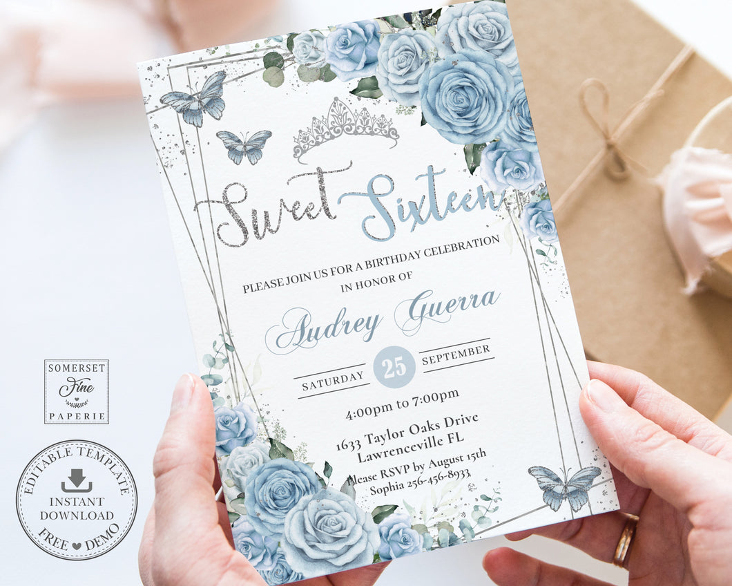 Sweet Sixteen 16th Birthday Silver Modern Geometric Baby Blue Floral Butterflies Crown Tiara Invitation EDITABLE TEMPLATE Digital Printable File QC18