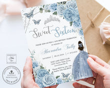 Load image into Gallery viewer, Sweet Sixteen 16th Birthday Silver Baby Blue Floral Butterflies Princess Invitation EDITABLE TEMPLATE Digital Printable File QC18
