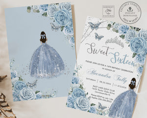 Sweet Sixteen 16th Birthday Silver Baby Blue Floral Butterflies Princess Invitation EDITABLE TEMPLATE Digital Printable File QC18