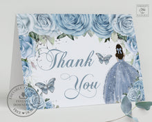 Load image into Gallery viewer, Chic Baby Blue Roses Floral Folded Thank You Card EDITABLE TEMPLATE Quinceañera Princess Tiara Butterflies Sweet 16th Birthday QC18
