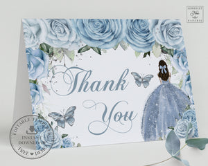 Chic Baby Blue Roses Floral Folded Thank You Card EDITABLE TEMPLATE Quinceañera Princess Tiara Butterflies Sweet 16th Birthday QC18