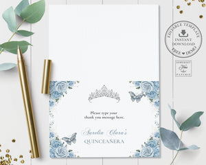 Chic Baby Blue Roses Floral Folded Thank You Card EDITABLE TEMPLATE Quinceañera Princess Tiara Butterflies Sweet 16th Birthday QC18