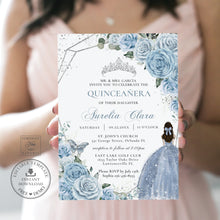 Load image into Gallery viewer, Baby Blue Floral Silver Quinceañera Sweet 16 Princess Birthday INVITATION EDITABLE TEMPLATE, Digital Printable File, Instant Download, QC18
