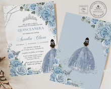 Load image into Gallery viewer, Baby Blue Floral Silver Quinceañera Sweet 16 Princess Birthday INVITATION EDITABLE TEMPLATE, Digital Printable File, Instant Download, QC18
