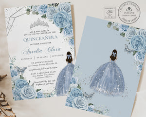Baby Blue Floral Silver Quinceañera Sweet 16 Princess Birthday INVITATION EDITABLE TEMPLATE, Digital Printable File, Instant Download, QC18