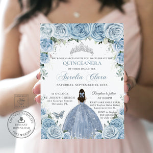 Chic Baby Blue Floral Silver Quinceañera Sweet 16 Princess Birthday INVITATION EDITABLE TEMPLATE, Digital Printable File, Instant Download, QC18