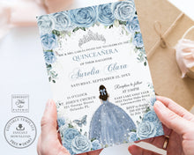 Load image into Gallery viewer, Chic Baby Blue Floral Silver Quinceañera Sweet 16 Princess Birthday INVITATION EDITABLE TEMPLATE, Digital Printable File, Instant Download, QC18
