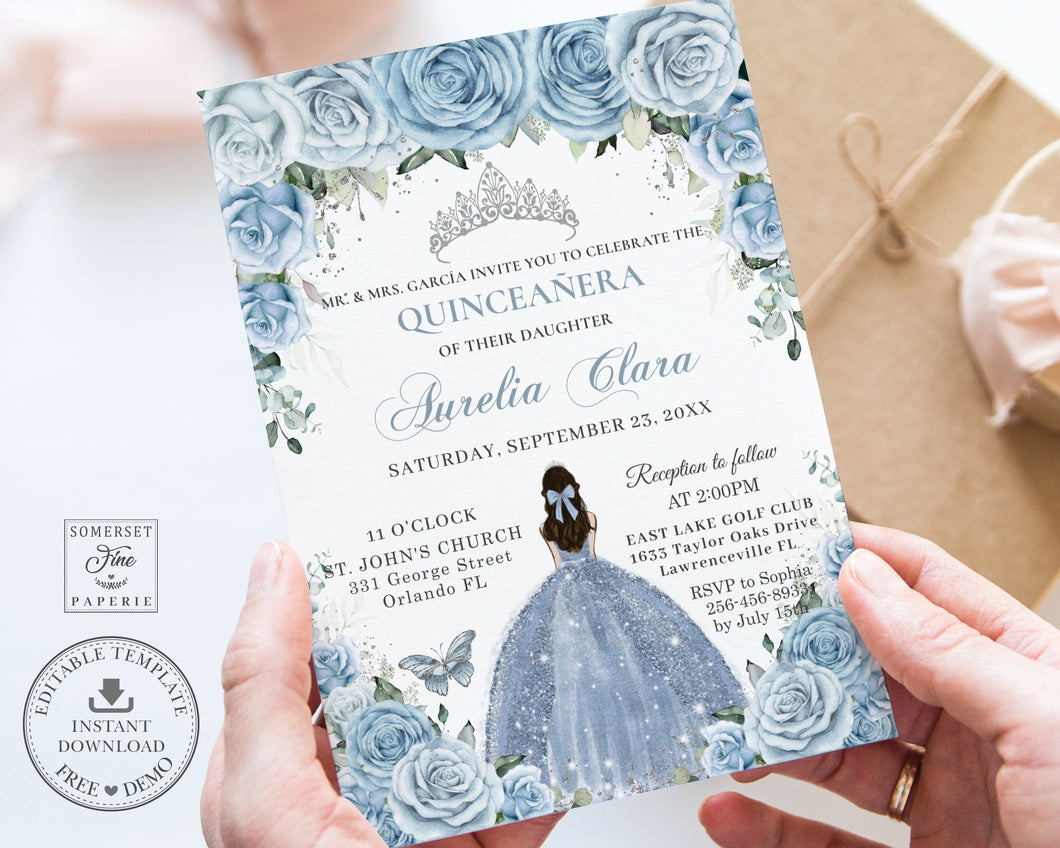 Chic Baby Blue Floral Silver Quinceañera Sweet 16 Princess Birthday INVITATION EDITABLE TEMPLATE, Digital Printable File, Instant Download, QC18