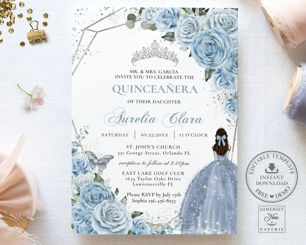 Baby Blue Floral Silver Quinceañera Sweet 16 Princess Birthday INVITATION EDITABLE TEMPLATE, Digital Printable File, Instant Download, QC18