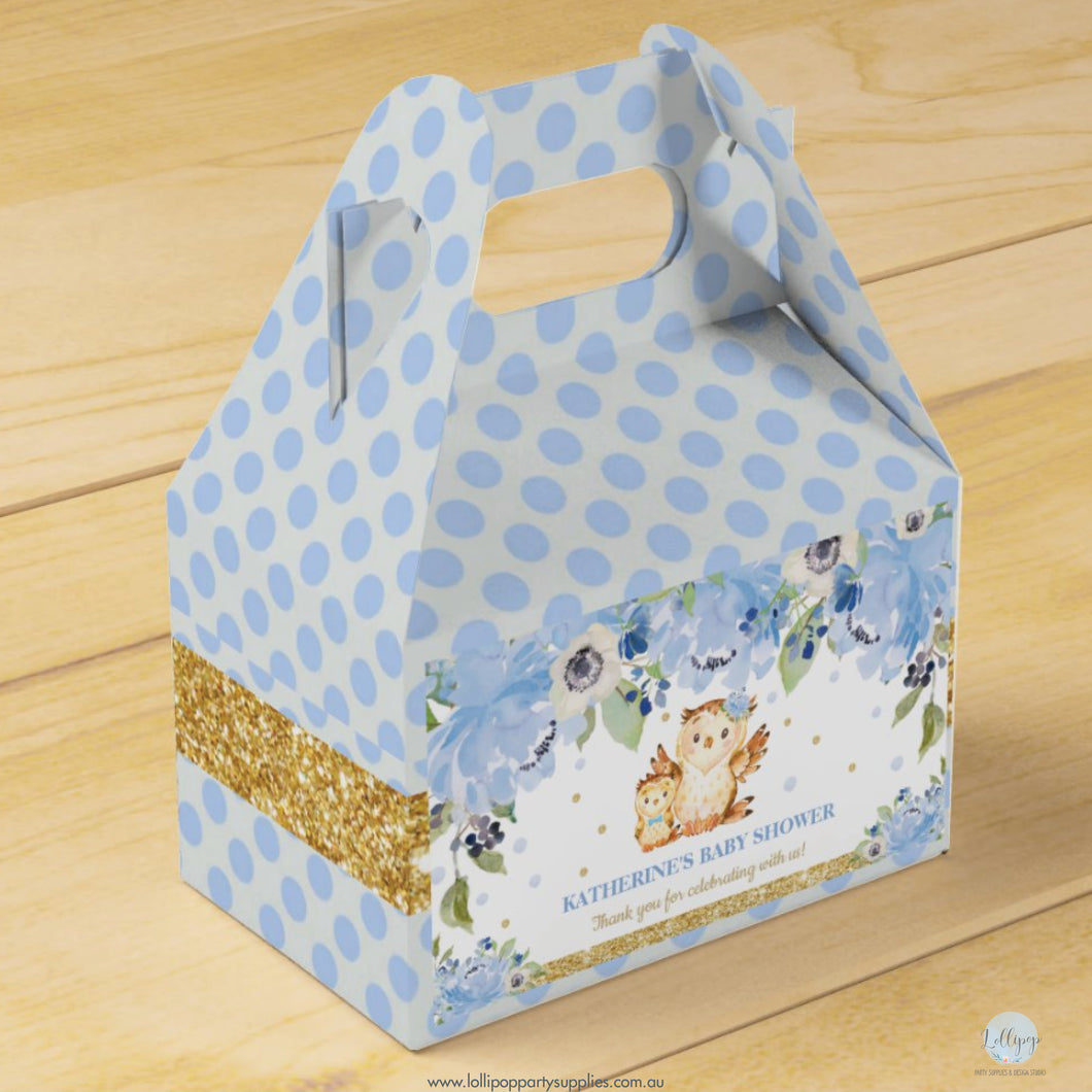 Blue Floral Mummy Owl and Baby Owl Personalised Baby Shower Favour Box