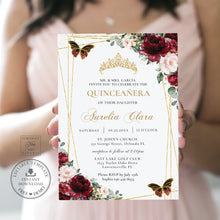 Load image into Gallery viewer, Burgundy Blush Floral Butterflies Quinceañera Invitation EDITABLE TEMPLATE, Mis Quince 15 Anos Princess Tiara Birthday Instant Download PDF Printable, QC11
