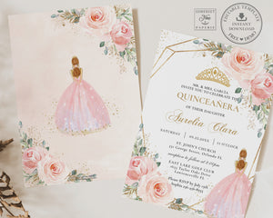 Blush Pink Floral Quinceañera Invitation EDITABLE TEMPLATE, Mis Quince 15 Anos Birthday Sweet 16 Princess Invite DIY Printable INSTANT DOWNLOAD, QC7