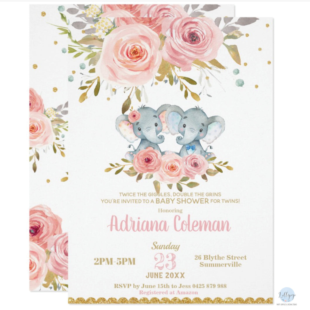 Blush Pink Floral Twins Boy Girl Elephant Baby Shower Personalised Invitations
