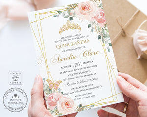 Chic Blush Pink Floral Quinceañera Invitation Printable EDITABLE TEMPLATE, Butterflies Mis Quince 15 Anos 16th 18th Birthday DIY Invite, QC7