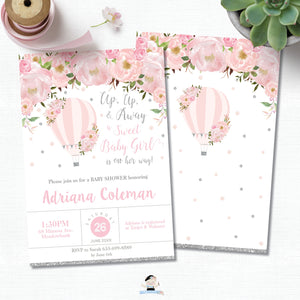 Pink Blush Floral Hot Air Balloon Baby Shower Invitation Silver Glitter Editable Template - Digital File - Instant Download - HB2