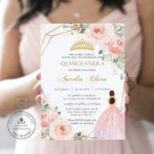 Load image into Gallery viewer, Blush Pink Floral Princess Quinceañera Invitation Mis Quince 15 Anos Birthday Invite Diy Editable Template, Digital Printable File, QC7

