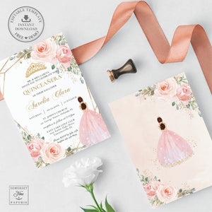 Blush Pink Floral Princess Quinceañera Invitation Mis Quince 15 Anos Birthday Invite Diy Editable Template, Digital Printable File, QC7
