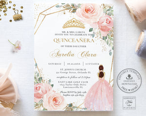 Blush Pink Floral Princess Quinceañera Invitation Mis Quince 15 Anos Birthday Invite Diy Editable Template, Digital Printable File, QC7
