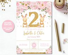 Load image into Gallery viewer, Twin Girls Bunnies 2nd Birthday Party Invitation Editable Template - Instant Download - Digital Printable File - CB6
