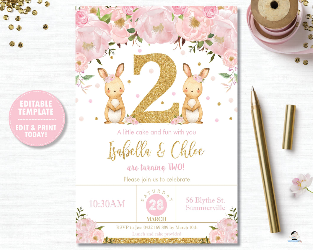 Twin Girls Bunnies 2nd Birthday Party Invitation Editable Template - Instant Download - Digital Printable File - CB6