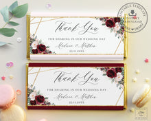 Load image into Gallery viewer, Burgundy Blush Pink Roses Floral Geometric Chocolate Bar Wrapper Aldi Hershey&#39;s - Wedding Bridal Shower Editable Template - Instant Download - RB1
