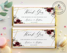 Load image into Gallery viewer, Burgundy Blush Pink Roses Floral Geometric Chocolate Bar Wrapper Aldi Hershey&#39;s - Wedding Bridal Shower Editable Template - Instant Download - RB1
