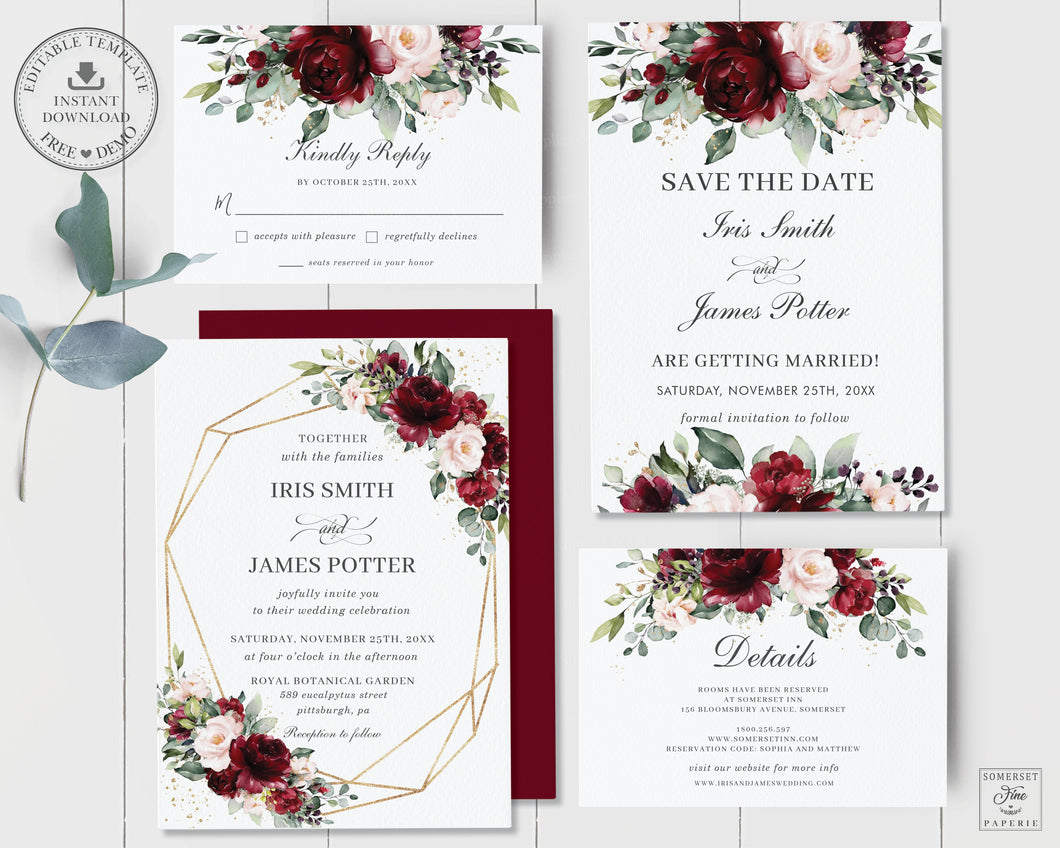 Rustic Burgundy Blush Floral Wedding Invitation Bundle EDITABLE TEMPLATE - Instant Download - Digital Printable File - RB1