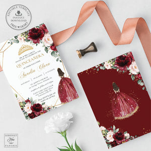 Burgundy Blush Floral Quinceañera Invitation Mis Quince 15 Anos Birthday Invite Diy Editable Template, Digital Printable File, QC1