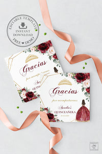 Chic Burgundy Blush Floral Quinceanera 15th Birthday Square Favor Tags - EDITABLE TEMPLATE - Digital Printable File - Instant Download - QC1