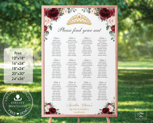 Burgundy Blush Floral Quinceañera Seating Chart, EDITABLE TEMPLATE, Digital Printable File, Instant Download, QC1