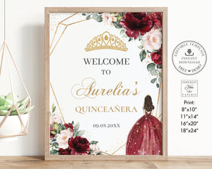 Burgundy Blush Floral Quinceañera Princess Tiara Welcome Sign, EDITABLE TEMPLATE, Digital Printable File, Instant Download, QC1